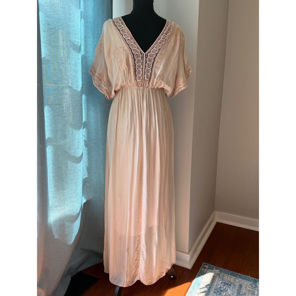Scandal Maxi Dress Women S Blush Pink Silk Blend Sheer Embroidered Crochet Italy